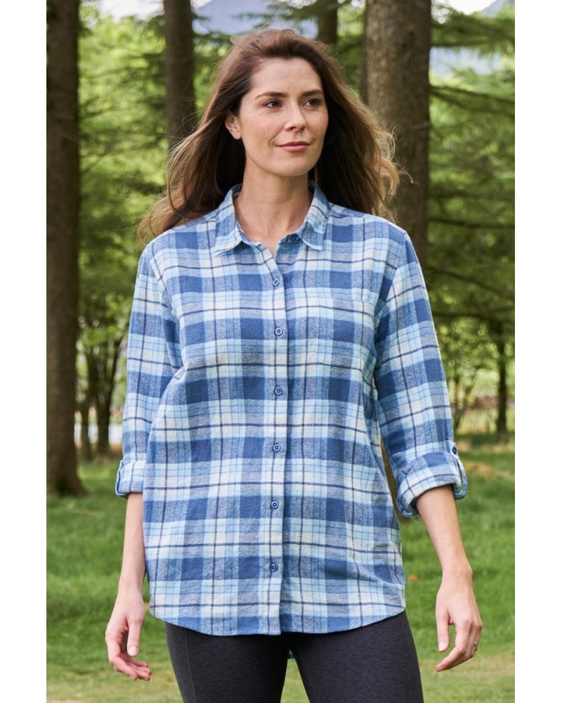 Balsam Womens Brushed Long Line Flannel Shirt Blue $14.99 Tops