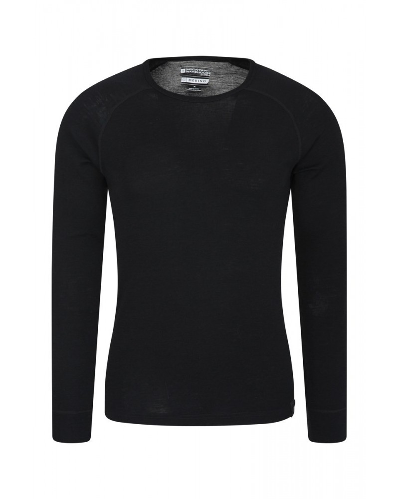 Merino Mens Long Sleeved Round Neck Top Black $18.50 Thermals