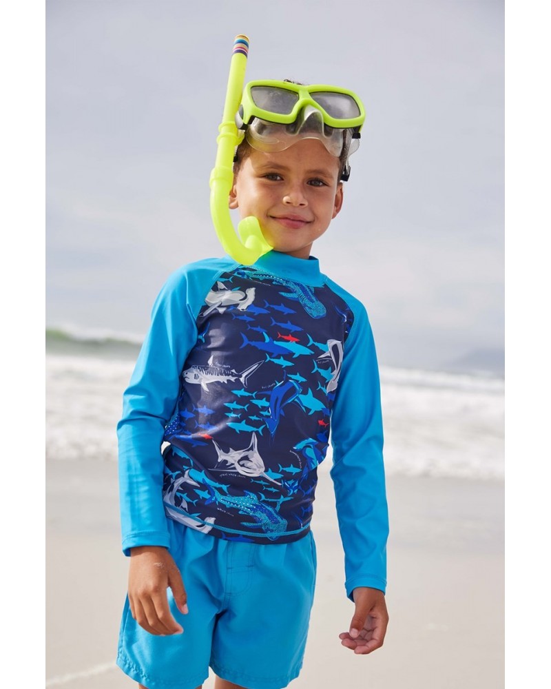 Long Sleeved Printed Kids Rash Guard Dark Blue $11.50 Tops