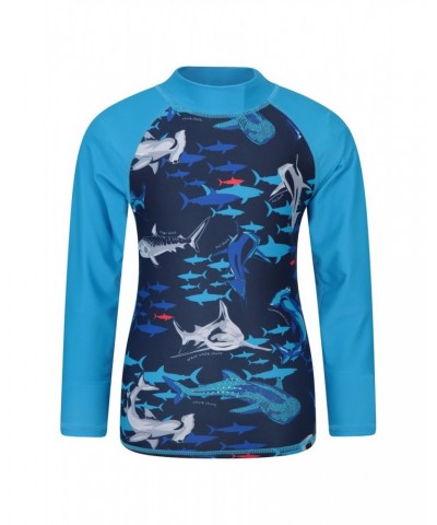 Long Sleeved Printed Kids Rash Guard Dark Blue $11.50 Tops