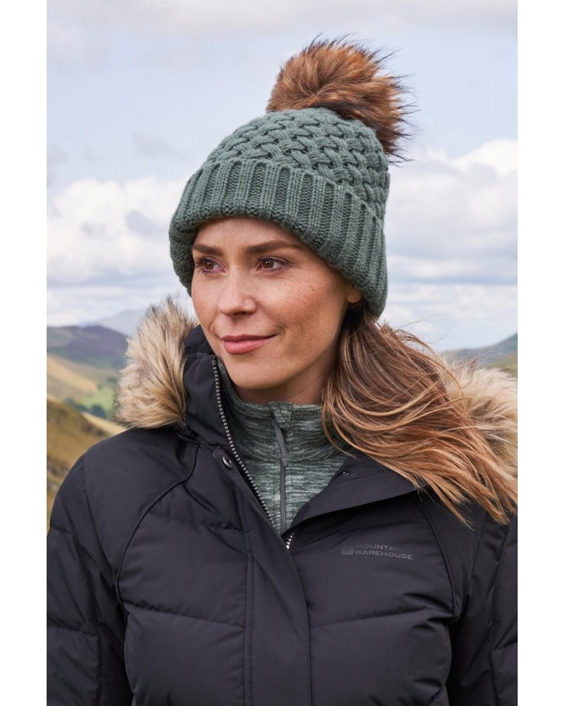 Lisbon Sherpa Lined Womens Thermal Pom-Pom Beanie Khaki $19.46 Accessories