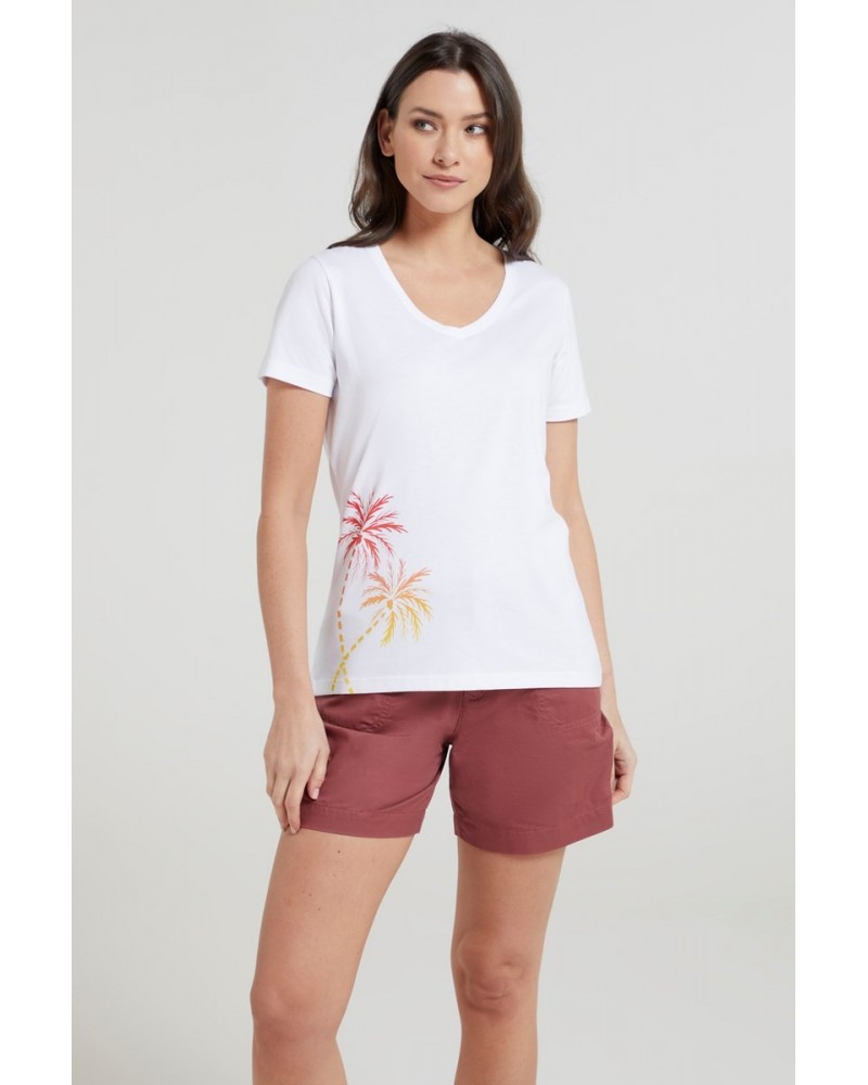 Ombre Palm Trees Womens V-Neck Tee White $13.20 Tops