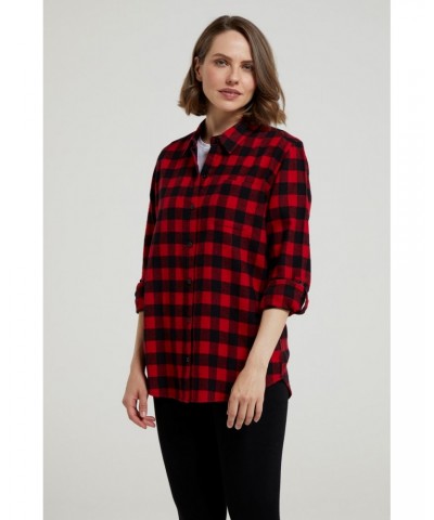 Balsam Womens Brushed Long Line Flannel Shirt Red $14.24 Tops