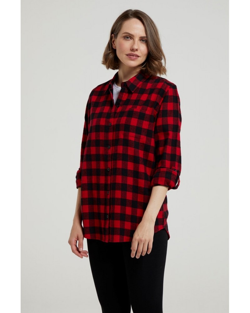 Balsam Womens Brushed Long Line Flannel Shirt Red $14.24 Tops