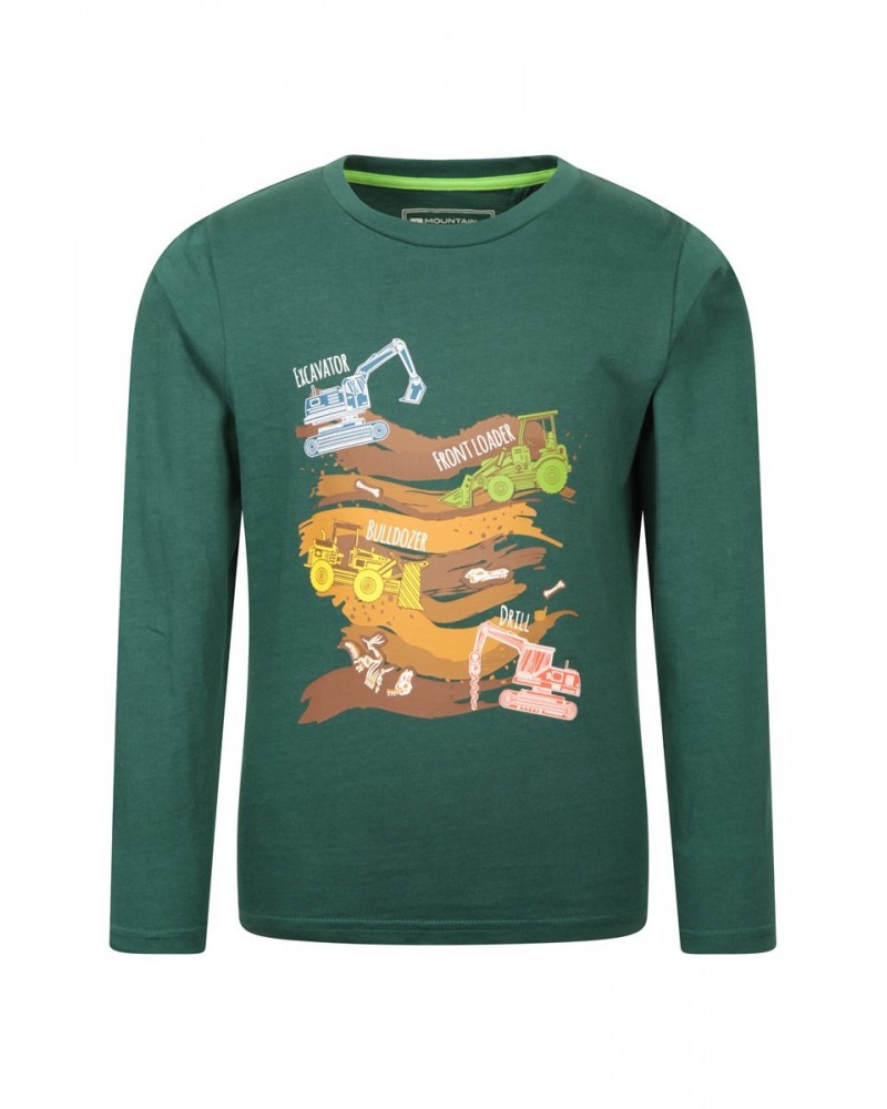 Construction Vehicles Kids Organic Long Sleeve Top Dark Green $10.79 Tops