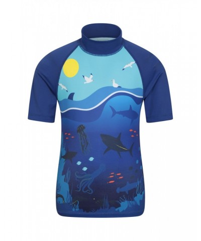 Shark Short Sleeved Kids Rash Guard Blue $10.99 Tops