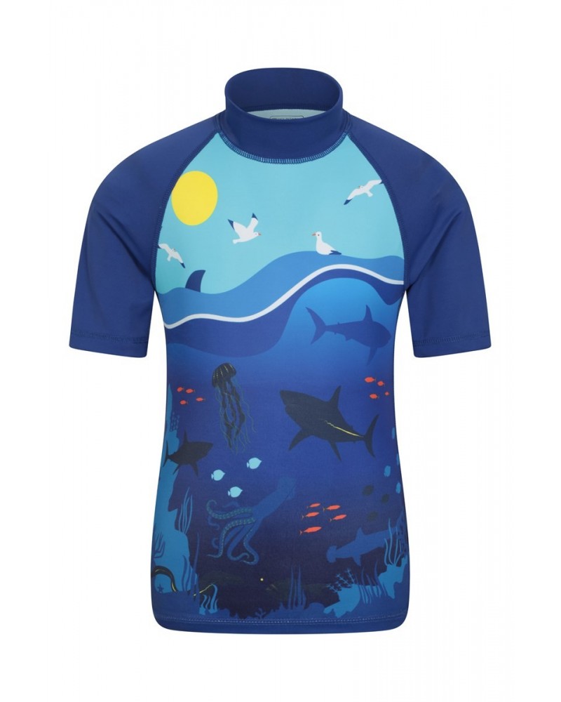 Shark Short Sleeved Kids Rash Guard Blue $10.99 Tops