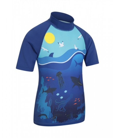 Shark Short Sleeved Kids Rash Guard Blue $10.99 Tops