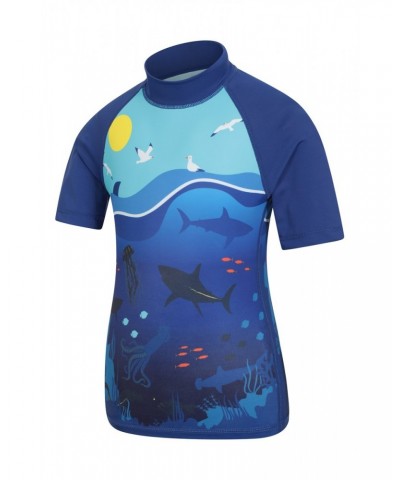 Shark Short Sleeved Kids Rash Guard Blue $10.99 Tops