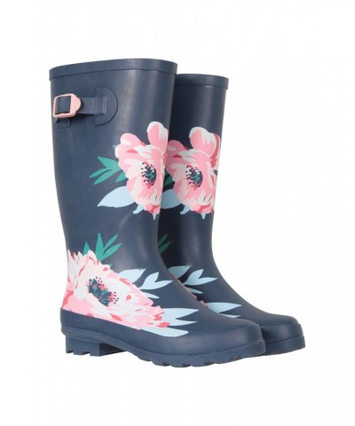 Womens Tall Buckle Printed Rain Boots Navy $29.40 Footwear