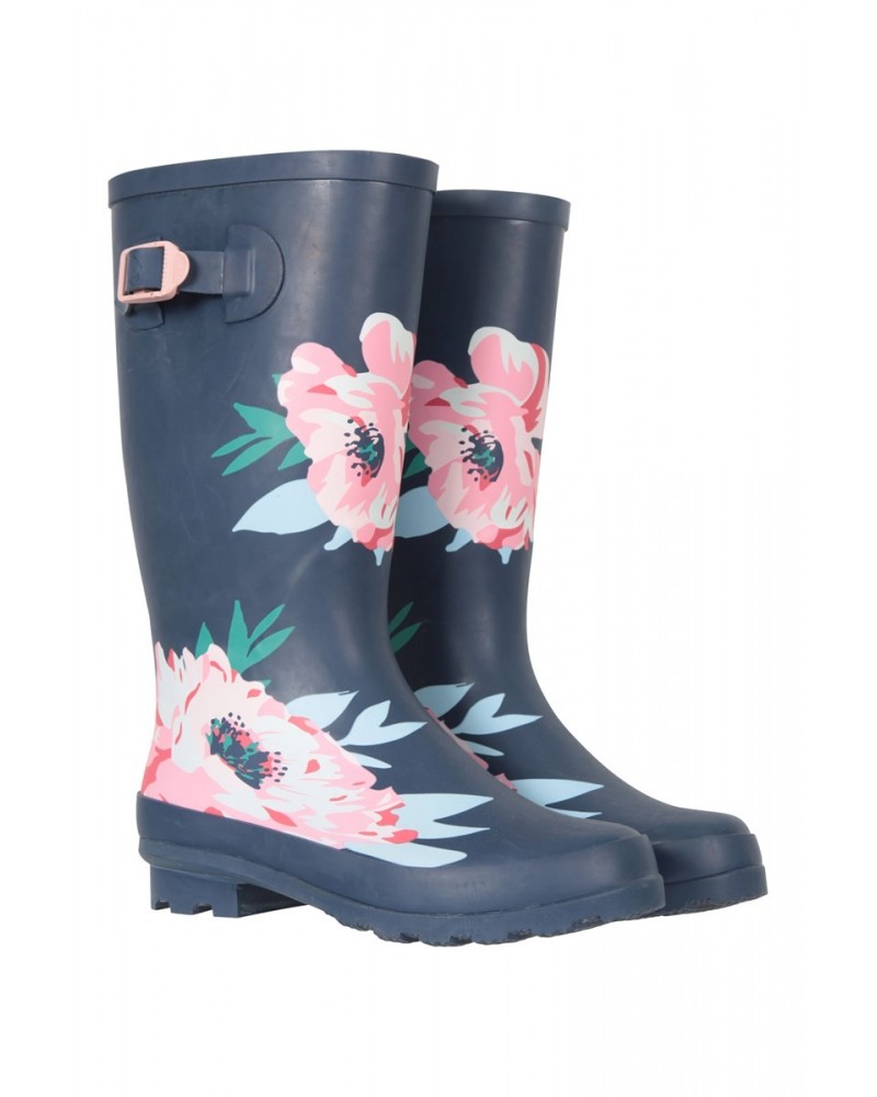 Womens Tall Buckle Printed Rain Boots Navy $29.40 Footwear