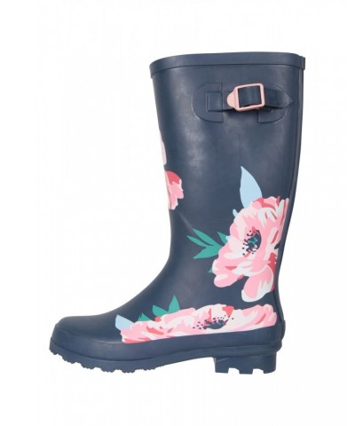 Womens Tall Buckle Printed Rain Boots Navy $29.40 Footwear